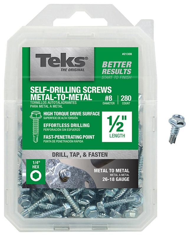 Teks 21308 Screw, #8 Thread, 1/2 in L, Coarse Thread, Hex Drive, Self-Drilling, Self-Tapping Point, Steel, Zinc, 280 PK