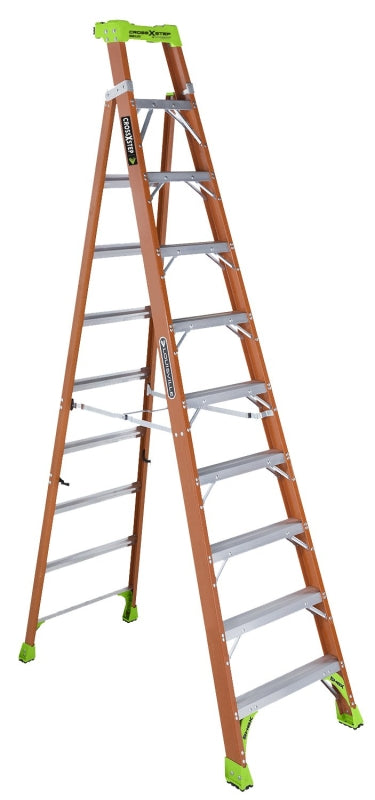 Louisville FXS1510 Cross Step Ladder, 170 in Max Reach H, 10-Step, 300 lb, Type IA Duty Rating, 3 in D Step, Fiberglass