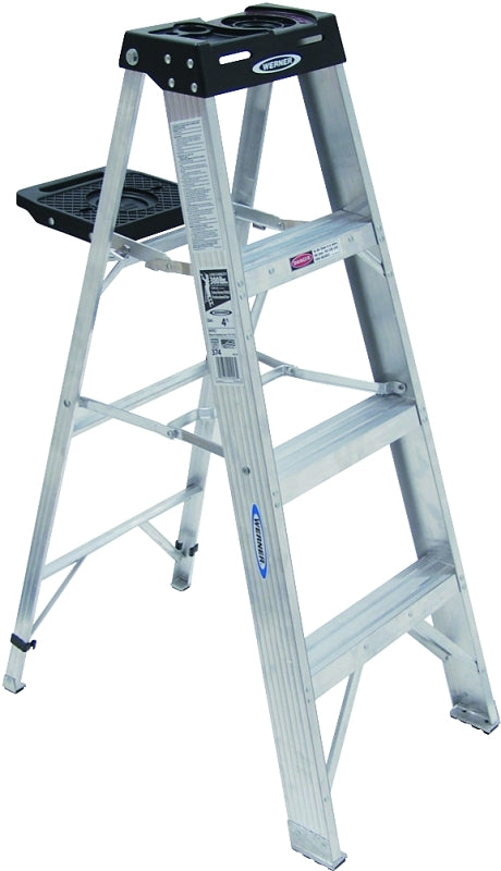 Werner 374 Step Ladder, 4 ft H, Type IA Duty Rating, Aluminum, 300 lb, 3-Step, 8 ft Max Reach