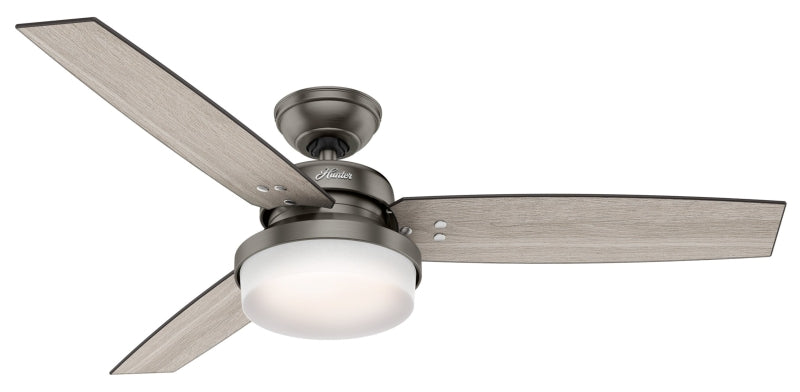 Hunter Sentinel Series 59211 Ceiling Fan, 3-Blade, Gray Walnut/Light Gray Oak Blade, 52 in Sweep, MDF Blade, 3-Speed