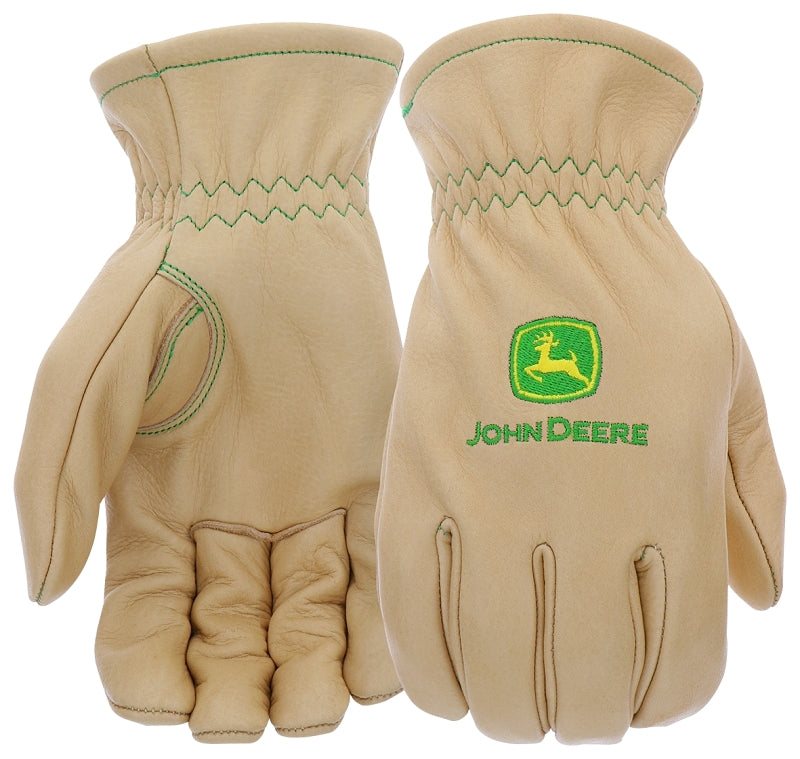 John Deere JD84013-L Work Gloves, Men's, L, Shirred Elastic Cuff, Cowhide Leather