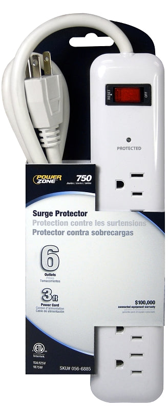 PowerZone OR802124 Surge Protector, 125 V, 15 A, 6-Outlet, 750 Joules Energy, White