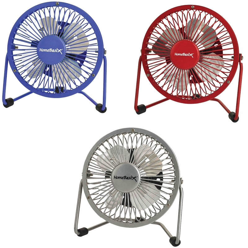 PowerZone FE-20 Personal Fan, 120 VAC, 4 in Dia Blade, 4 -Blade, 1 -Speed, 360 deg Rotating, Blue/Red/Silver