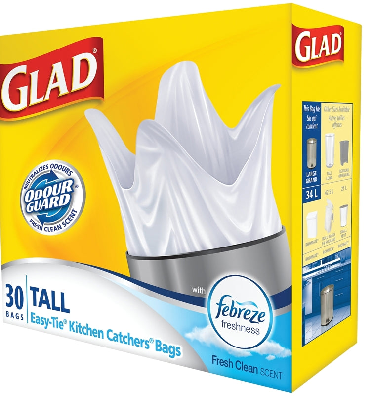 Glad Easy-Tie 30221FRM1 Tall Garbage Bag, 45 L, Plastic, White