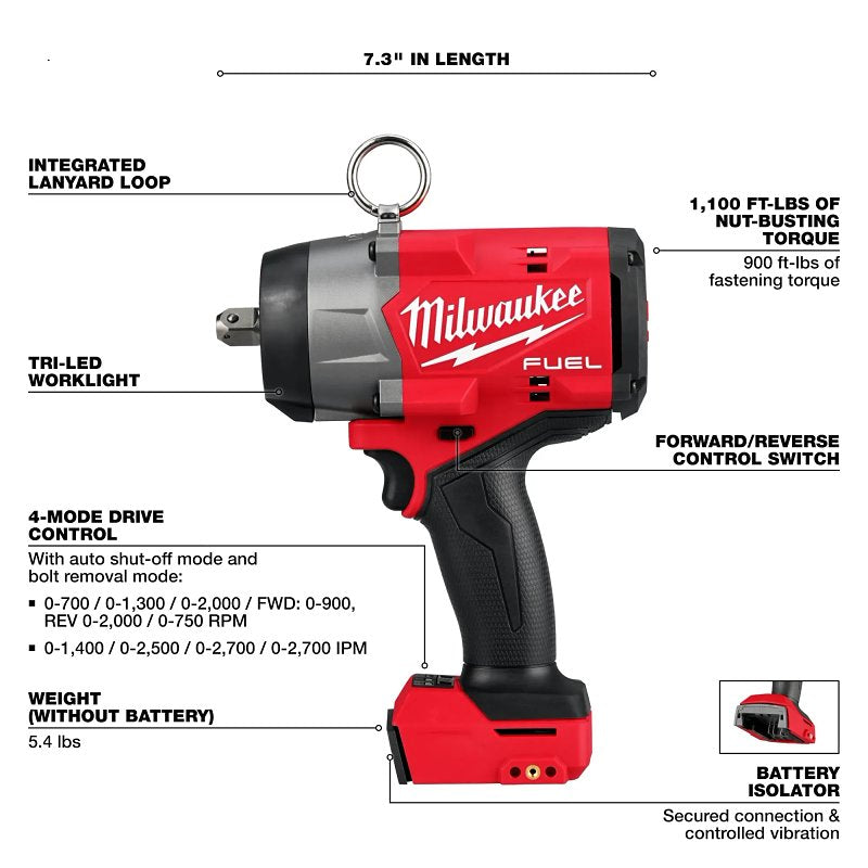 Milwaukee M18 FUEL 2966-20 High-Torque Impact Wrench with Pin Detent, Tool Only, 1/2 in Drive, 0 to 2700 ipm IPM