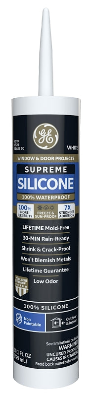 GE Supreme Silicone 2814819 Window & Door Sealant, White, 24 hr Curing, 10.1 fl-oz Cartridge