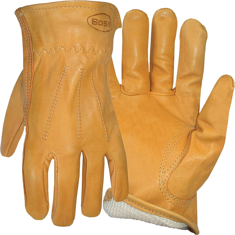 Boss 6133L Gloves, L, Keystone Thumb, Open, Shirred Elastic Back Cuff, Cowhide Leather, Gold