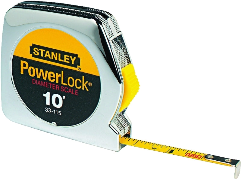 Stanley 33-115 Pocket Measuring Tape, 10 ft L Blade, 1/4 in W Blade, Steel Blade, ABS Case, Chrome Case