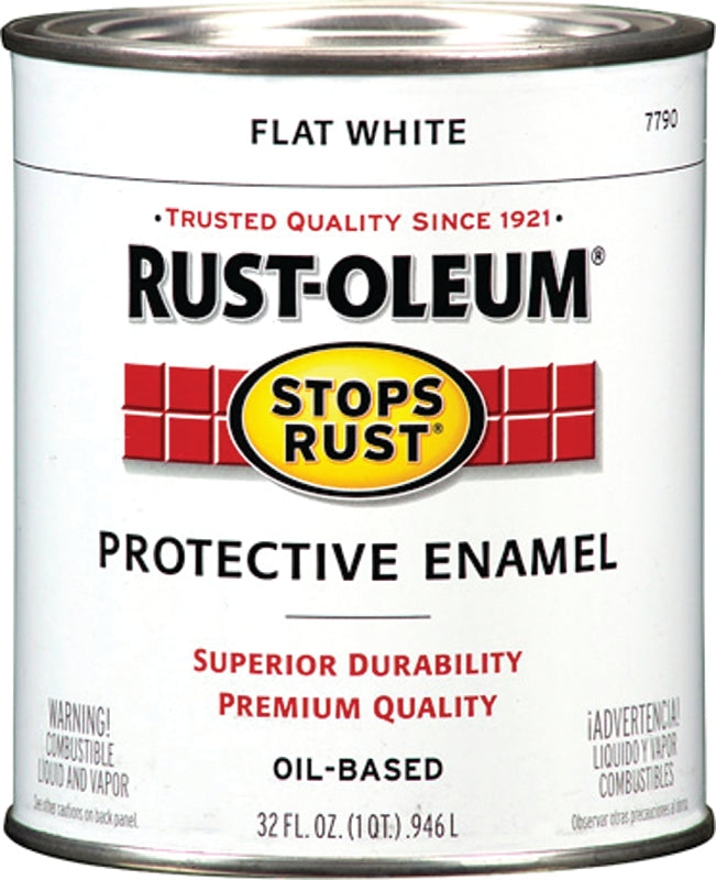 Rust-Oleum Stops Rust 7790502 Enamel Paint, Oil, Flat, White, 1 qt, Can, 50 to 110 sq-ft/qt Coverage Area