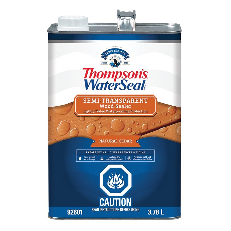 Thompson's WaterSeal THCP92601-16 Wood Sealer, Semi-Transparent, Liquid, Natural Cedar, 1 gal, Can