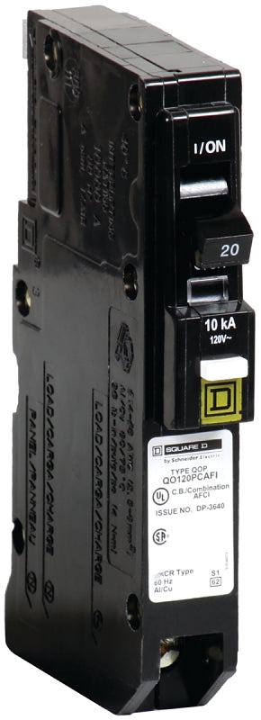 Square D QO120PCAFIC Circuit Breaker, CAFCI, Mini, 20 A, 1 -Pole, 120 V, Plug Mounting