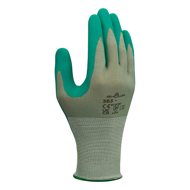 Showa 383-S/06 Coated Gloves, S, 220 mm L, Nitrile Coating, Polyester, Green