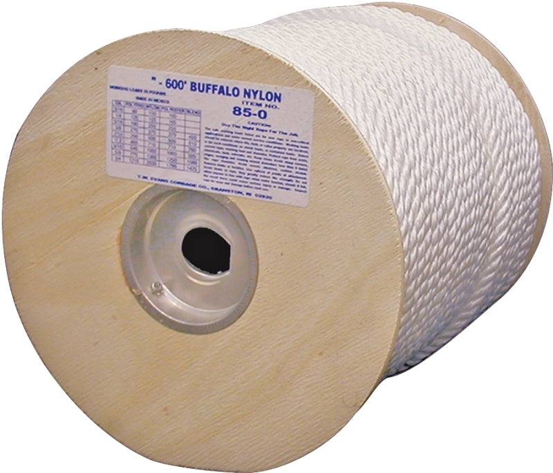 T.W. Evans Cordage 85-065 Rope, 3/8 in Dia, 600 ft L, 407 lb Working Load, Nylon, White