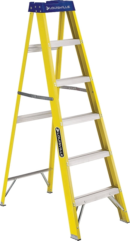 Louisville FS2006 Step Ladder, 6 ft H, Type I Duty Rating, Fiberglass, 250 lb, 5-Step, 124 in Max Reach