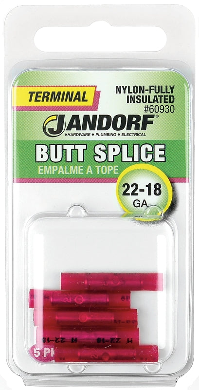 Jandorf 60930 Butt Splice Connector, 22 to 18 AWG Wire, Nylon Insulation, Copper Contact, Red