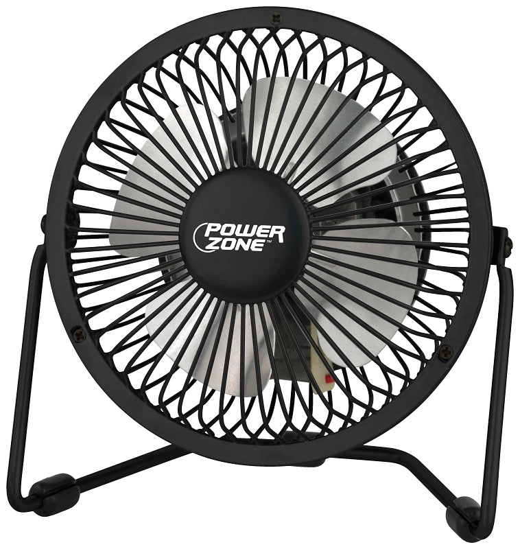 PowerZone CZHV4RSB-BK Mini Fan, 120 VAC, 4 in Dia Blade, 4-Blade, 1-Speed, 360 deg Rotating, Black