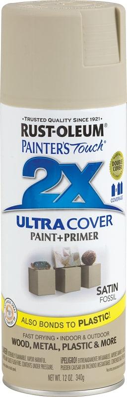 Rust-Oleum Painter's Touch 2X Ultra Cover 334067 Spray Paint, Satin, Fossil, 12 oz, Aerosol Can