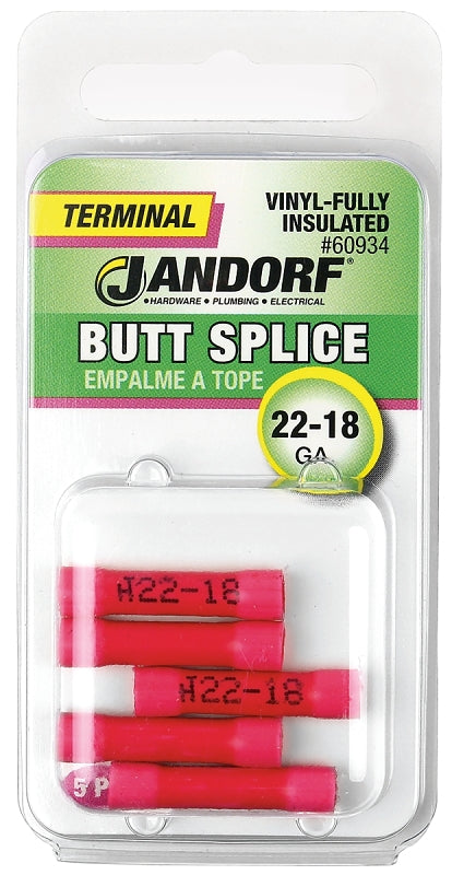 Jandorf 60934 Butt Splice Connector, 22 to 18 AWG Wire, Vinyl Insulation, Copper Contact, Red, 5/PK
