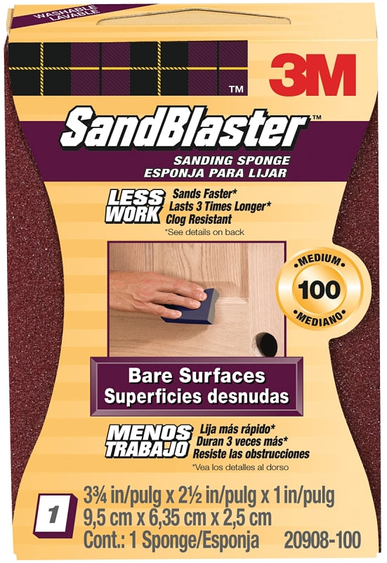 3M SandBlaster 20908-100 Sanding Sponge, 3-3/4 in L, 2-5/8 in W, 100 Grit, Medium, Aluminum Oxide Abrasive