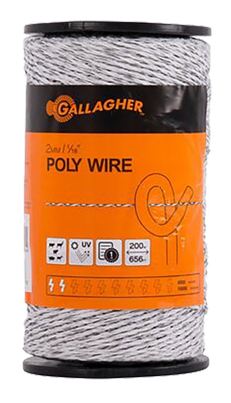 Gallagher G62004 Polywire, 2 kV, Stainless Steel Conductor, Poly Insulation, White, 656 ft L