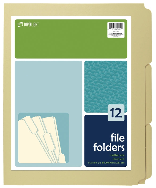 Top Flight 4611415 File Folder, 12 x 9-1/2 in Sheet, 12 Sheet, Plain Tab