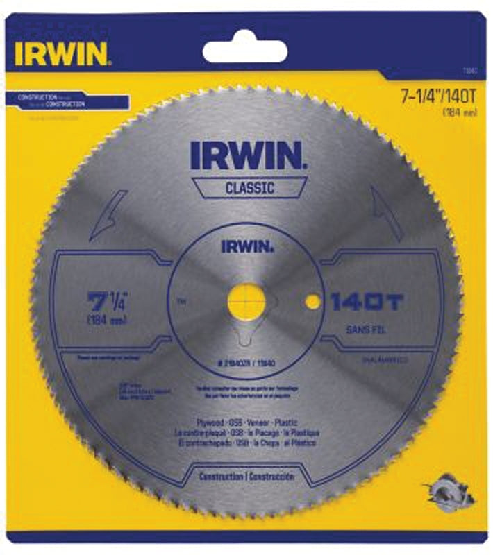 Irwin 11840 Circular Saw Blade, 7-1/4 in Dia, 5/8 in Arbor, 140-Teeth, Bi-Metal Cutting Edge