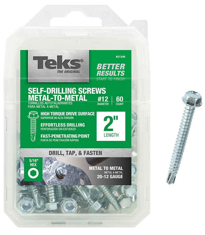 Teks 21348 Screw, #12 Thread, 2 in L, Coarse Thread, Hex Drive, Self-Drilling, Self-Tapping Point, Steel, Zinc