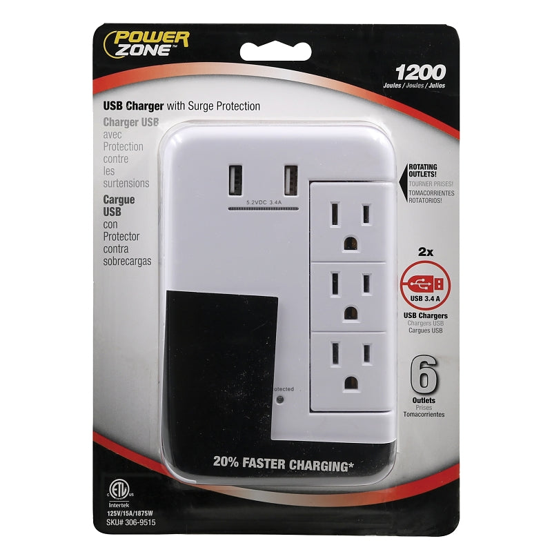 PowerZone ORRUSB346S USB Charger with Surge Protection, 2-Pole, 125 V, 15 A, 6-Outlet, 1200 Joules Energy, White