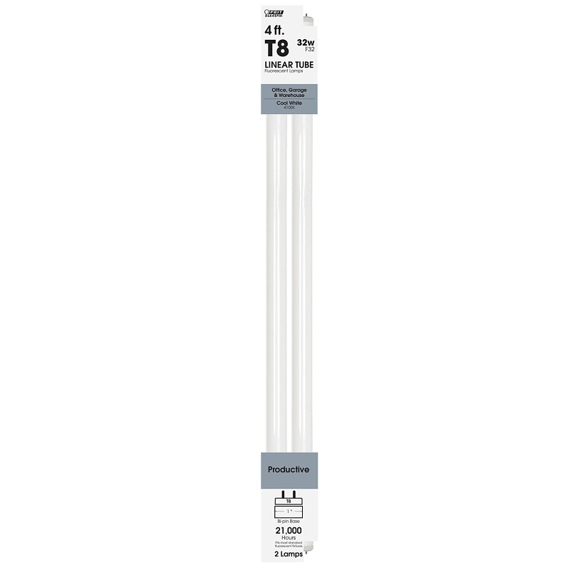 Feit Electric F32T8/941/2 Fluorescent Bulb, 32 W, T8 Lamp, Medium Bi-Pin G13 Lamp Base, 2600 Lumens, 4100 K Color Temp