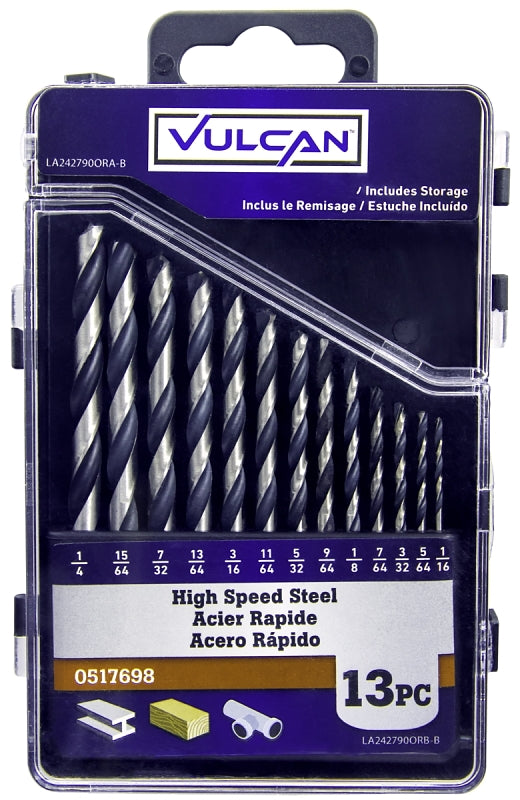 Vulcan Plastic Case Drill Bit Set, 13-Piece, High-Speed Steel, Black Oxide/Polished