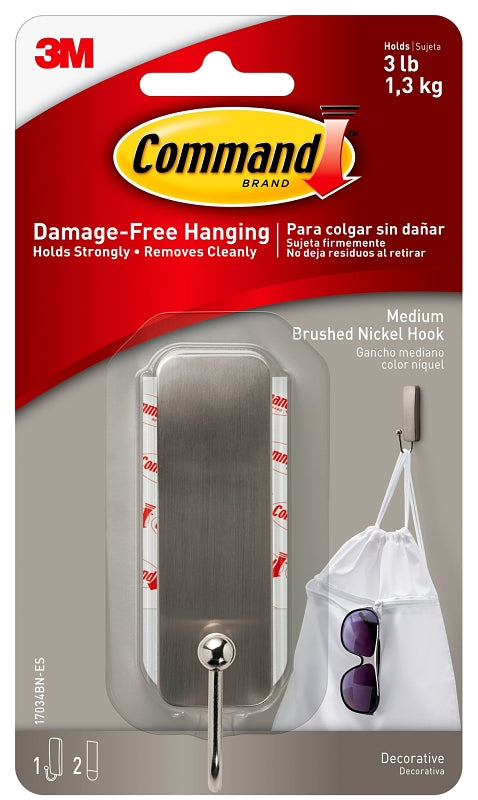 Command 17034BN-ES Medium Decorative Hook, 1 in W, Metal/Plastic, Brushed Nickel, 3 lb