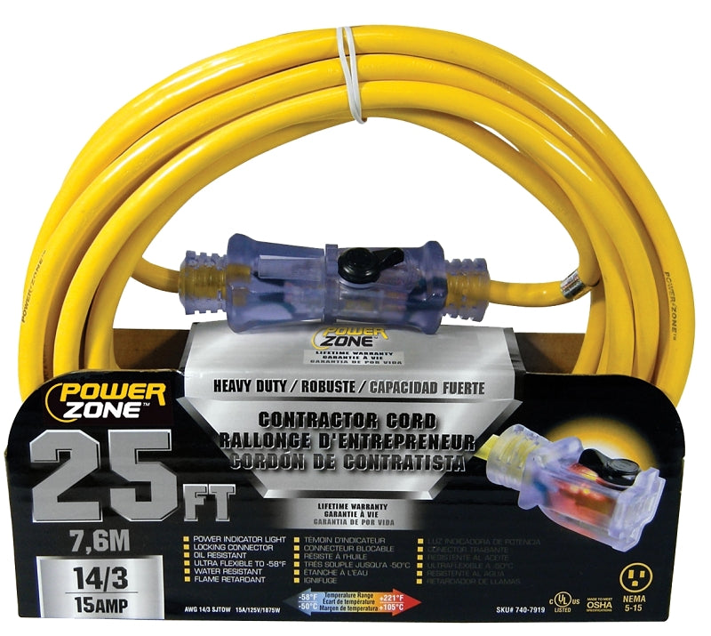 PowerZone Extension Cord, 14 AWG Cable, 25 ft L, 15 A, 125 V, Yellow