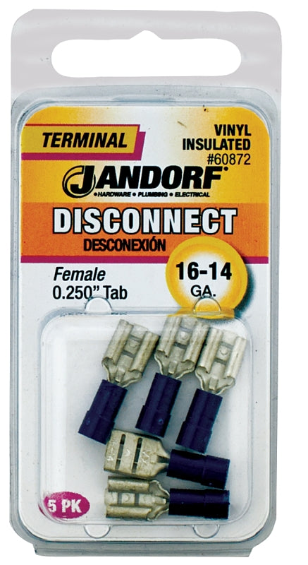 Jandorf 60872 Disconnect Terminal, 16 to 14 AWG Wire, Vinyl Insulation, Copper Contact, Blue, 5/PK
