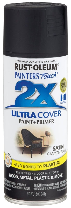 Rust-Oleum Painter's Touch 2X Ultra Cover 346951 Spray Paint, Satin, Canyon Black, 12 oz, Aerosol Can