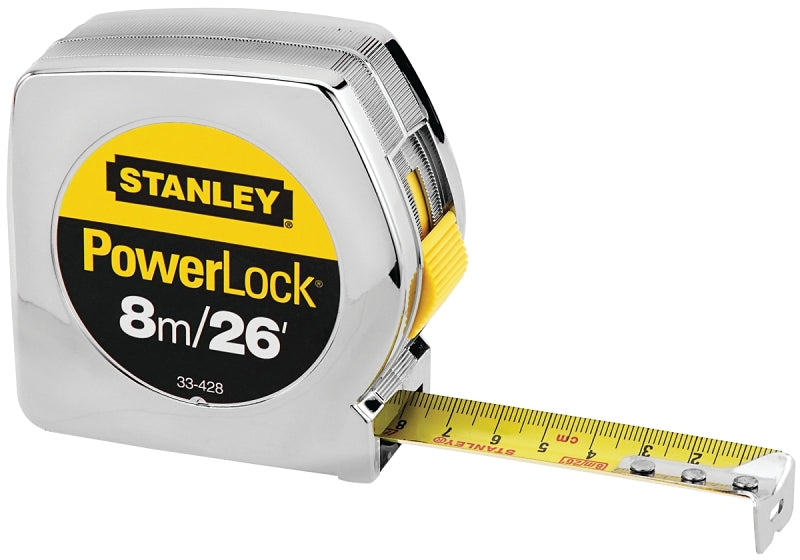 Stanley 33-428L Tape Measure, 26 ft L Blade, 1 in W Blade, Steel Blade, ABS Case, Chrome Case