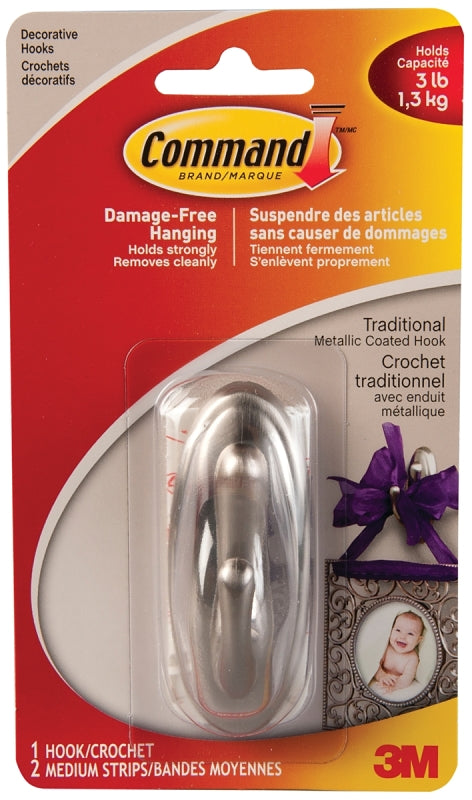 Command 17051BN-C Decorative Hook, 3 lb, 1-Hook, Plastic, Brushed Nickel