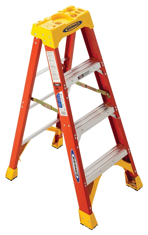 Werner 6204 Step Ladder, 4 ft H, Type IA Duty Rating, Fiberglass, 300 lb, 3-Step, 8 ft Max Reach