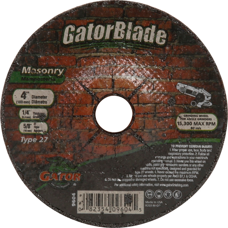 Gator 9604 Grinding Wheel, 4 in Dia, 1/4 in Thick, 5/8 in Arbor, Aluminum Oxide Abrasive