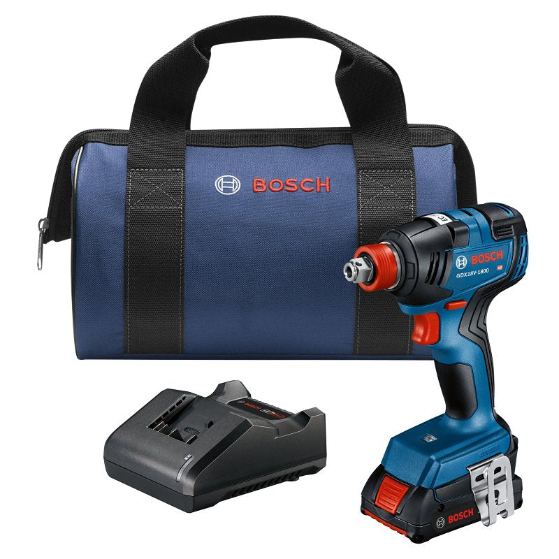 Bosch GDX18V-1800B12 Impact Driver Kit, Battery Included, 18 V, 2 Ah, 1/4, 1/2 in Drive, Hex, Square Drive