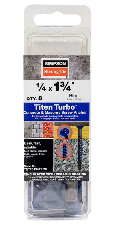 Simpson Strong-Tie Titen Turbo TNT25134TFC8 Screw Anchor, 1/4 in Dia, 1-3/4 in L, Carbon Steel, Ceramic-Coated/Zinc