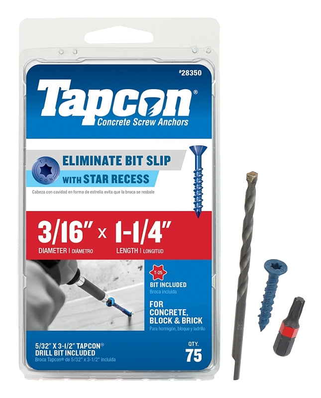 Tapcon 28350 Concrete Screw Anchor, 3/16 in Dia, 1-1/4 in L, Steel, Climaseal