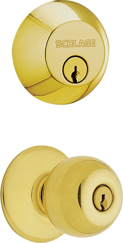 Schlage FB50NVPLY505 Knob Lockset, Mechanical Lock, Knob Handle, Round Design, Bright Brass, 1 Grade, Metal
