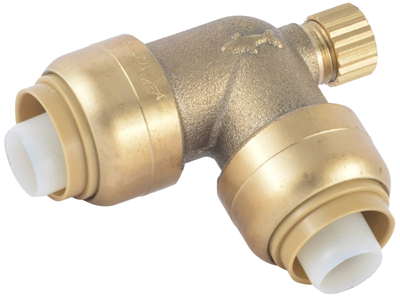 SharkBite U5248LF Pipe Elbow with Drain/Vent, 1/2 in, 90 deg Angle, Brass, 200 psi Pressure