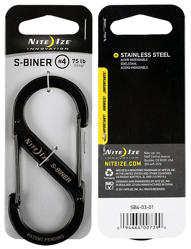 Nite Ize S-Biner Series SB4-03-01 Dual Carabiner, #4 Dia Ring, Stainless Steel, Black