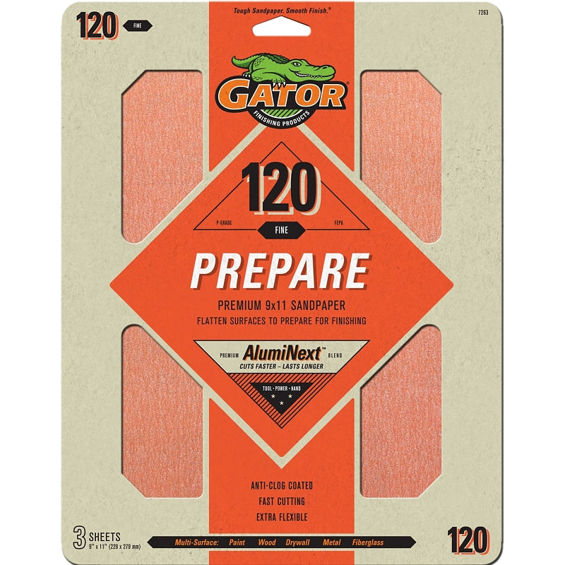 Gator 7263 Sanding Sheet, 11 in L, 9 in W, 120 Grit, Fine, Aluminum Oxide Abrasive