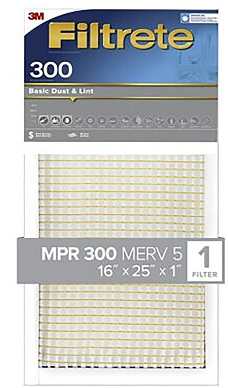 Filtrete 301-4 Air Filter, 25 in L, 16 in W, 5 MERV, 300 MPR, For: Air Conditioner, Furnace and HVAC System