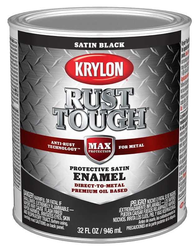 Krylon Rust Tough K09707008 Rust Preventative Paint, Satin, Black, 1 qt, 400 sq-ft/gal Coverage Area