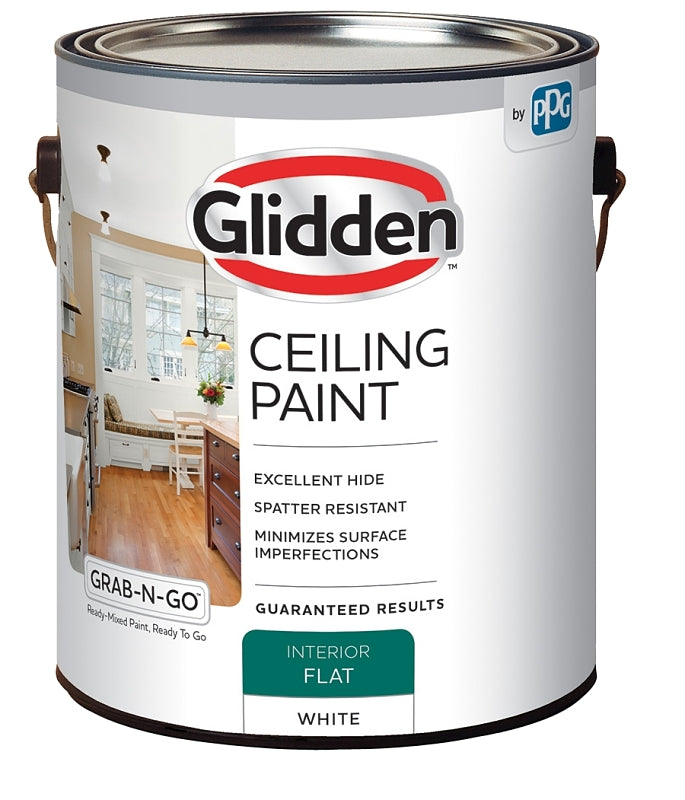 Glidden Grab-N-Go 2070T/01 Ceiling Paint, Flat, White, 1 gal, Resists: Spatter, Latex Base