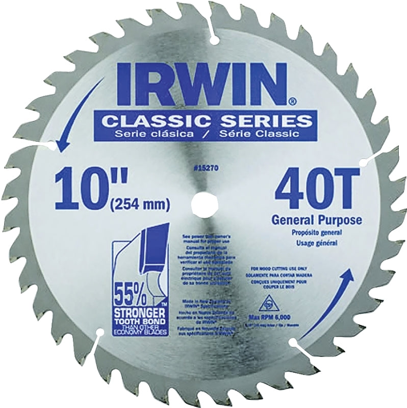 Irwin 15270 Circular Saw Blade, 10 in Dia, 5/8 in Arbor, 40-Teeth, Carbide Cutting Edge, Applicable Materials: Wood