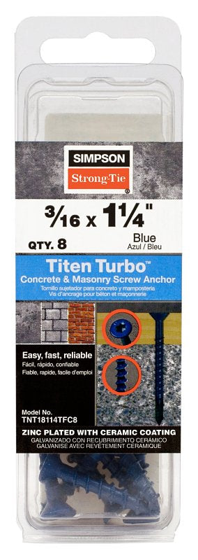 Simpson Strong-Tie Titen Turbo TNT18114TFC8 Screw Anchor, 3/16 in Dia, 1-1/4 in L, Carbon Steel, Zinc Plated